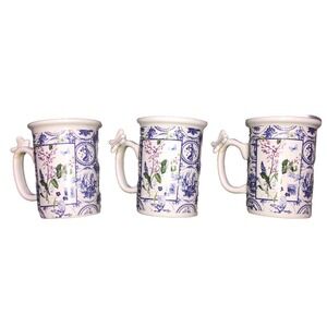 Hallmark Coffee Cup Mugs 10 oz Toile‎ Floral Design Butterfly Handle Set Of 3